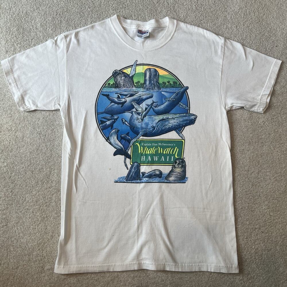 Vintage Hawaii Whale Watch T Shirt White Medium Hanes 90s Captain Dan Graphic